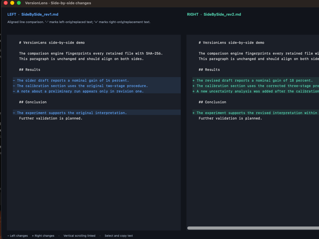 VersionMapper highlighting text removed or replaced on the left and added or replaced on the right