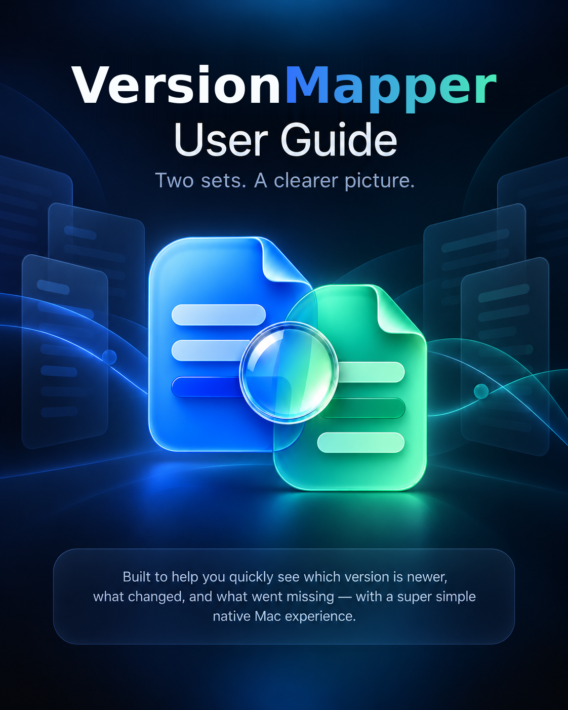 Original selected dark VersionMapper User Guide cover, sapphire and mint documents under a magnifying glass