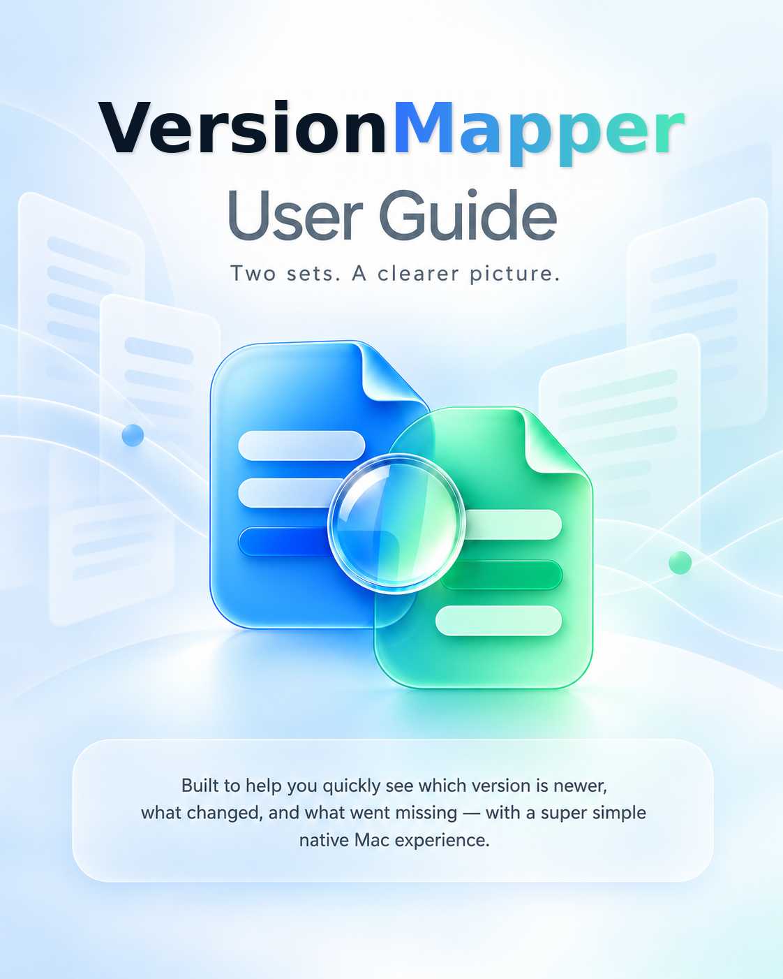 Original selected light VersionMapper User Guide cover, sapphire and mint documents under a magnifying glass